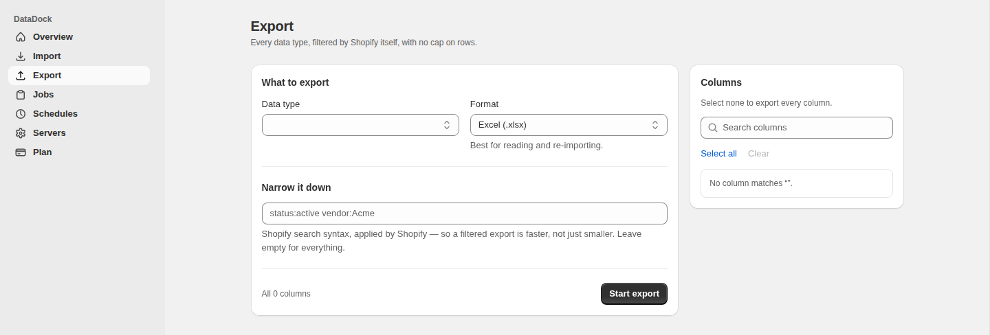 The Export screen: data type and format selectors, a filter box using Shopify search syntax, and a Columns panel with a search field and Select all control.