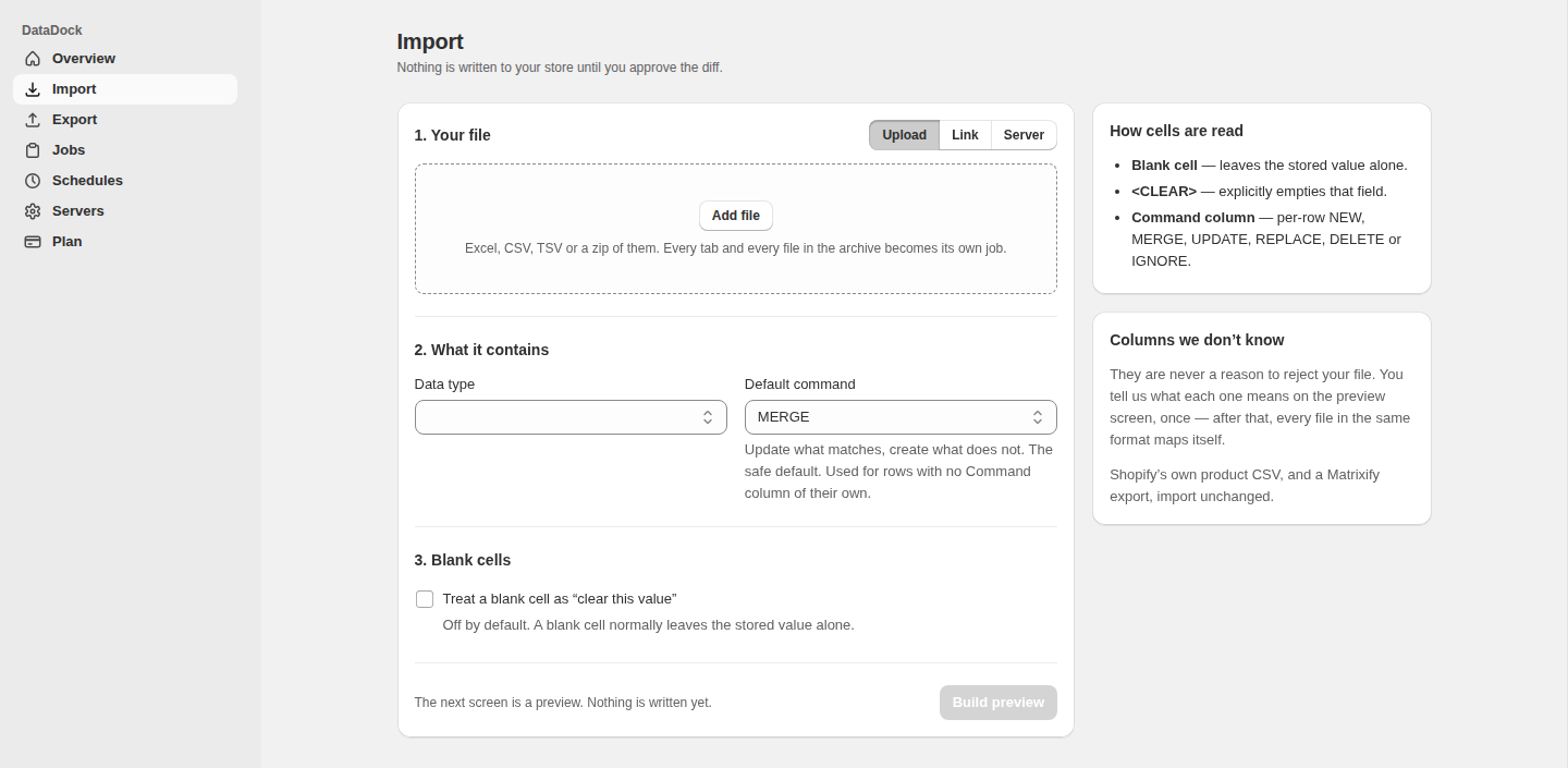 The Import screen: a file drop zone with Upload, Link and Server tabs; data type and default command selectors; a blank-cell toggle; and side panels headed How cells are read and Columns we don't know.