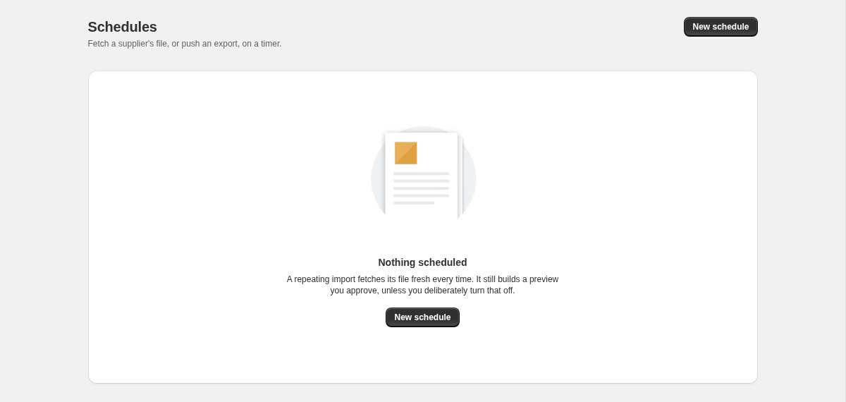 The Schedules screen with nothing scheduled yet, and a New schedule button.